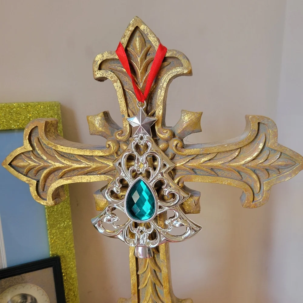 Lenox Silver-tone Christmas Tree Ornament ~ Teal Embellishment ~ GUC ~ Pretty!